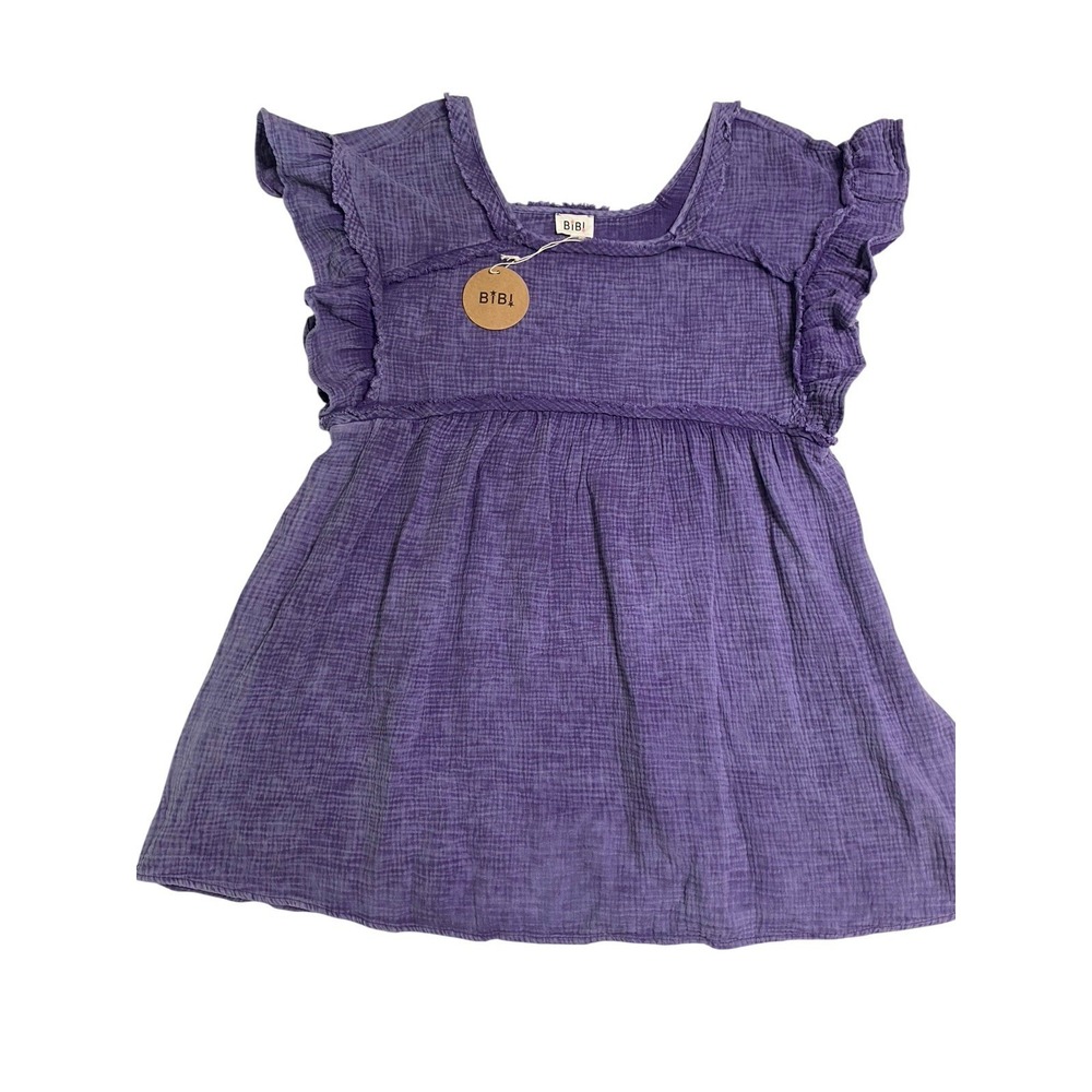 BiBi Purple Cotton Gauze Mini Dress Womens Size S Ruffle Sleeve Square Neck NWT